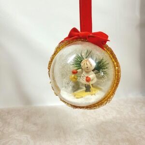 Vintage Christmas Diorama Ornament Clear Plastic Ball Wooden Skier Figurine Snow